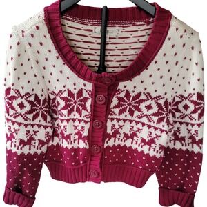 DECREE Women's Fair Isle Snowflake Cropped Cardigan Sweater XL Burgundy White